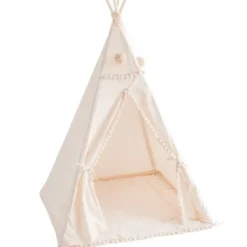 Tipi carré pour enfants avec pompons beige