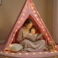 Tipi enfant avec tapis et guirlandes rose