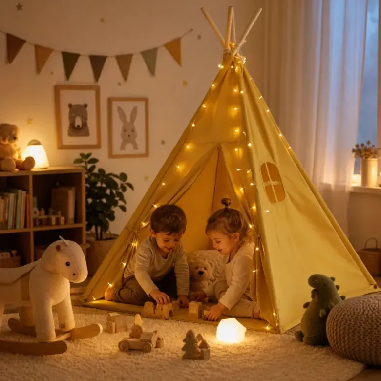Tipi enfant avec tapis et guirlandes jaune