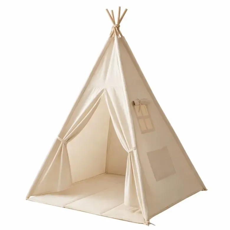 Tipi enfant beige avec tapis de sol et guirlande, coton et pin naturel