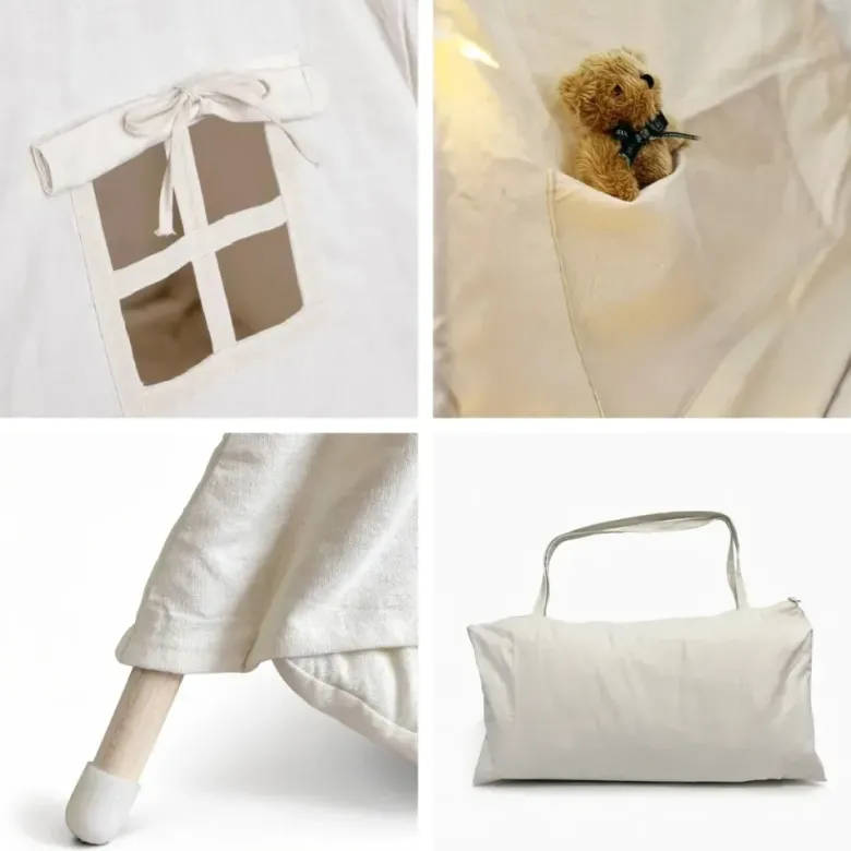 Tipi enfant beige avec tapis de sol et guirlande, coton et pin naturel