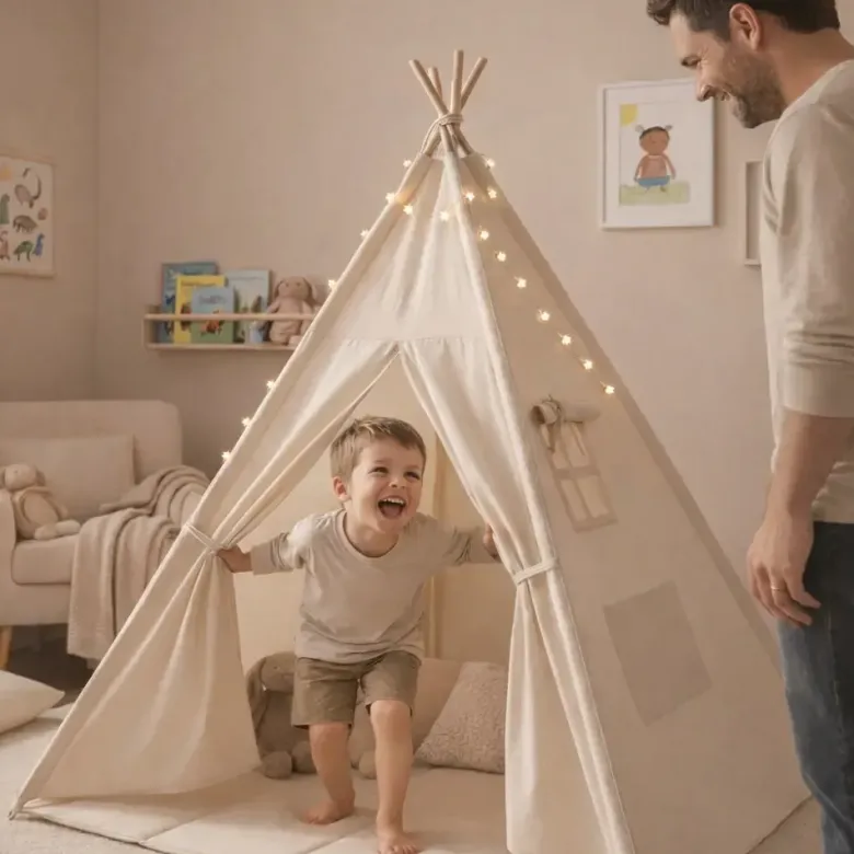 Tipi enfant beige avec tapis de sol et guirlande, coton et pin naturel