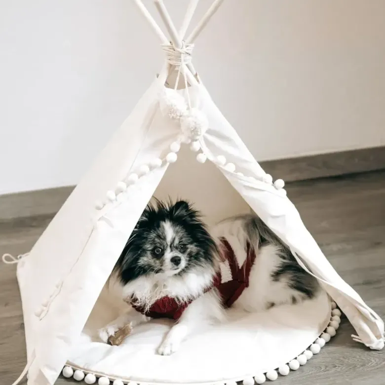 Tipi pour chien & grande tente pour chat avec pompons ecru