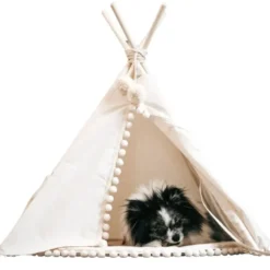 Tipi pour chien & grande tente pour chat avec pompons ecru