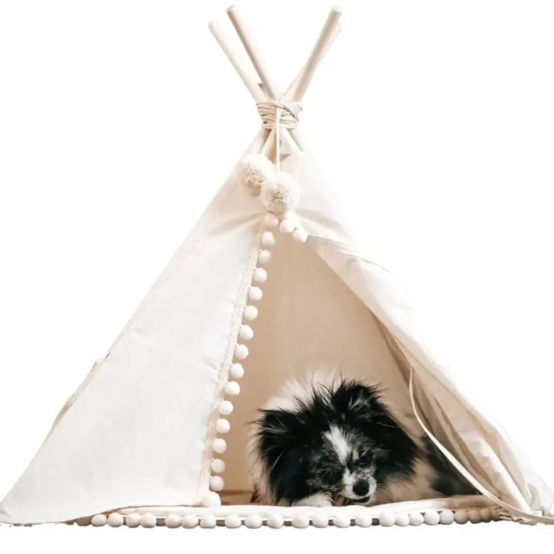 Tipi pour chien & grande tente pour chat avec pompons ecru