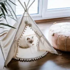 Tipi pour chien & grande tente pour chat avec pompons ecru