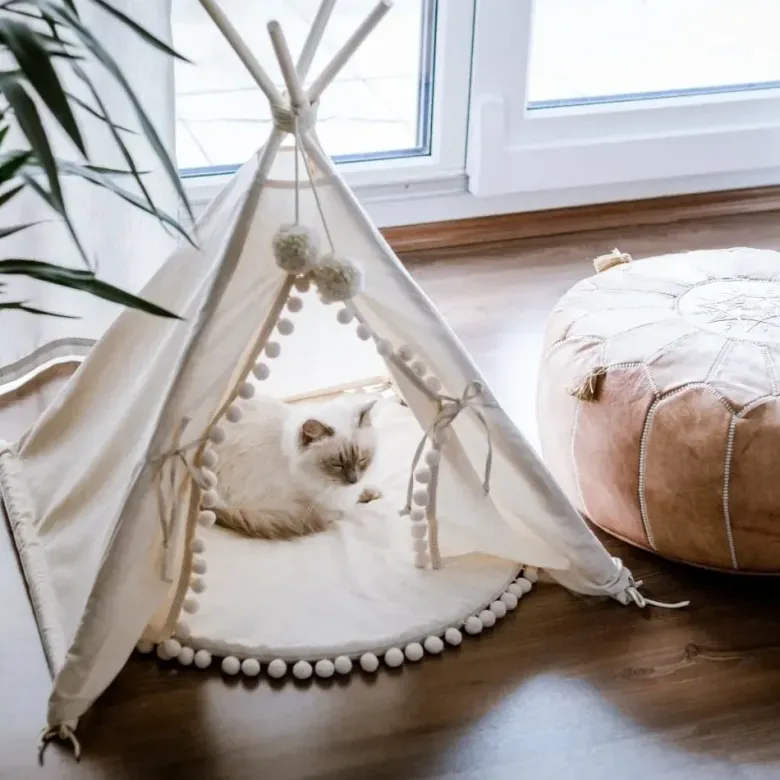 Tipi pour chien & grande tente pour chat avec pompons ecru