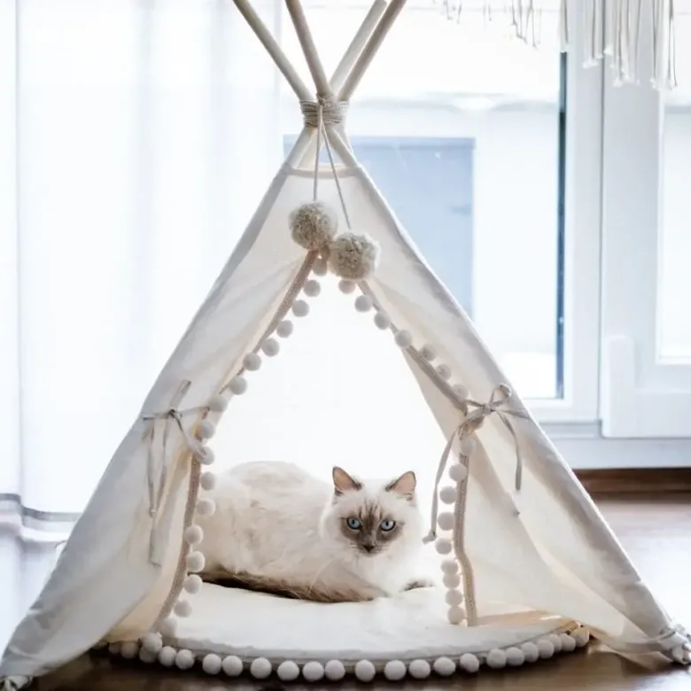 Tipi pour chien & grande tente pour chat avec pompons ecru