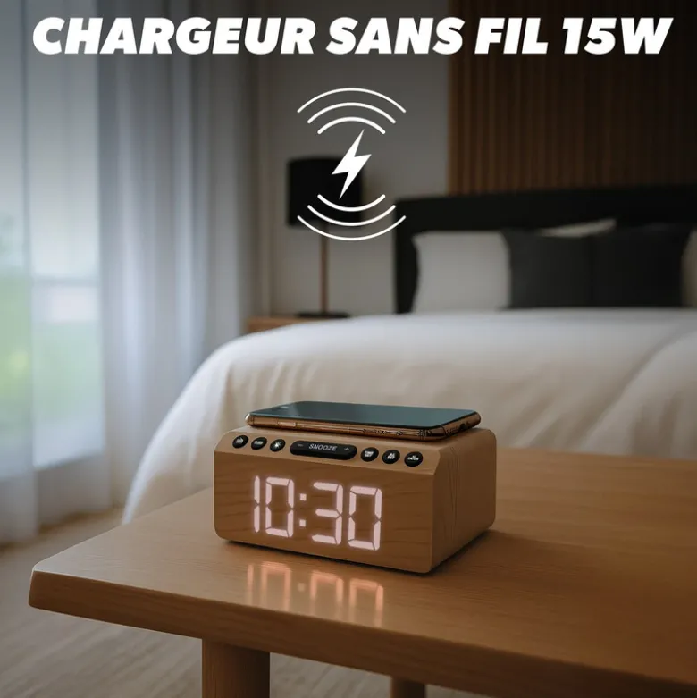 T'nb - radio réveil led en bois avec charge sans fil 15w