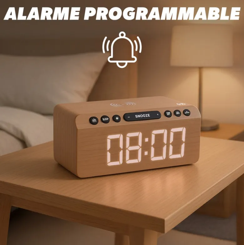 T'nb - radio réveil led en bois avec charge sans fil 15w