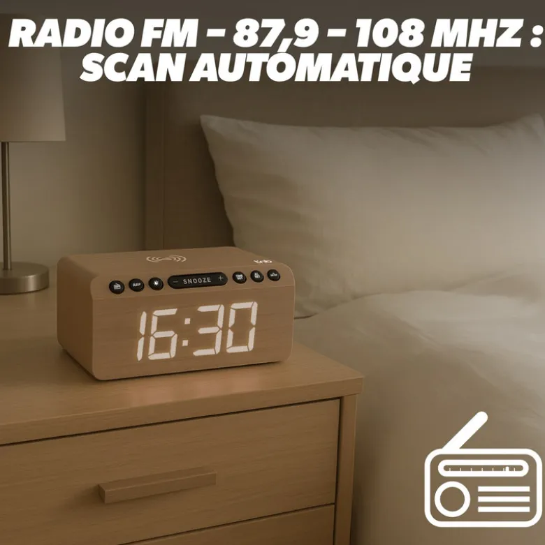 T'nb - radio réveil led en bois avec charge sans fil 15w