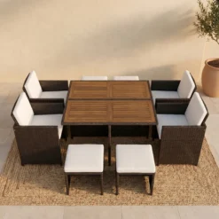 Toledo salon de jardin 8 pl en résine marron et coussins beige + housse