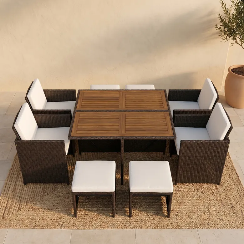Toledo salon de jardin 8 pl en résine marron et coussins beige + housse