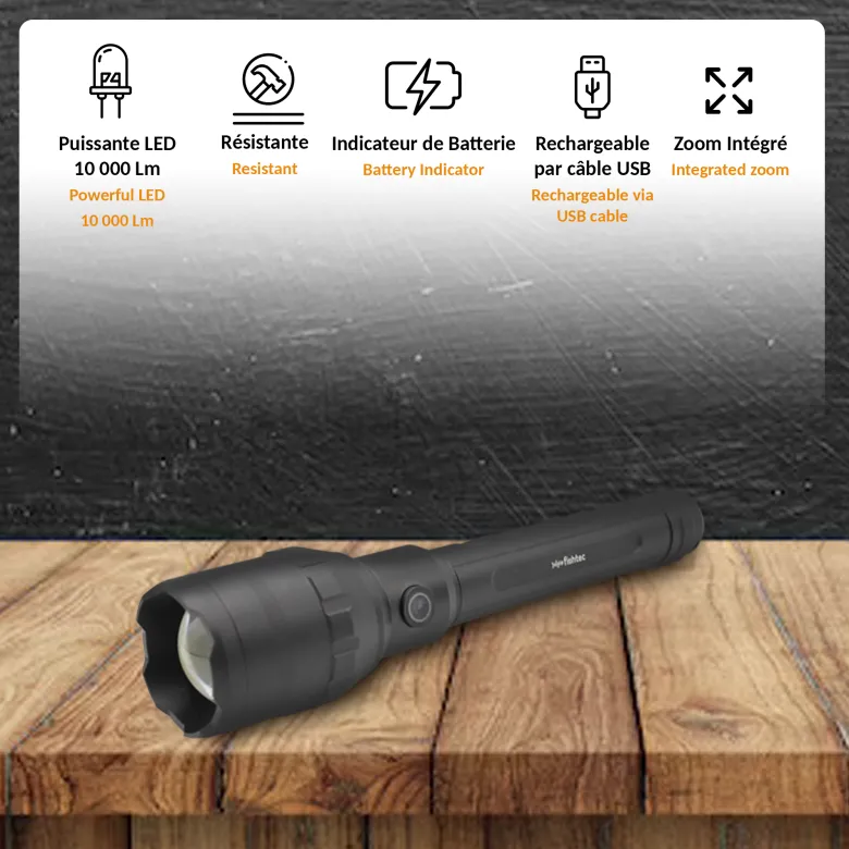 Torche ultra power 10000 lumens led cob zoom rechargeable