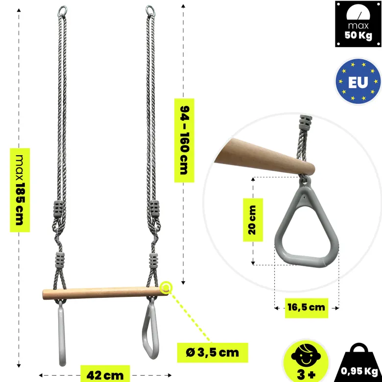 Trapèze gymnastique enfant hypermotion avec barre bois et anneaux balançoire
