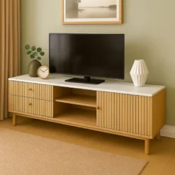 Trix meuble tv aspect bois rainuré et blanc avec tiroirs et placard 150cm