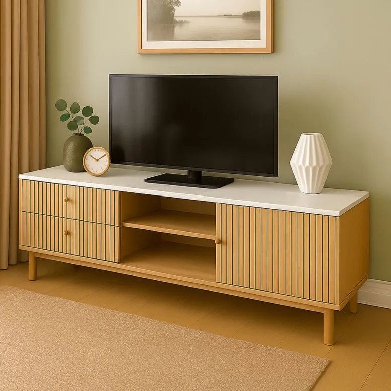 Trix meuble tv aspect bois rainuré et blanc avec tiroirs et placard 150cm