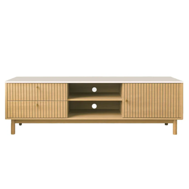 Trix meuble tv aspect bois rainuré et blanc avec tiroirs et placard 150cm