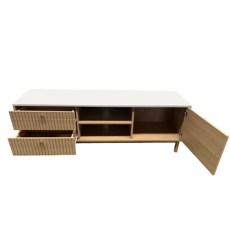 Trix meuble tv aspect bois rainuré et blanc avec tiroirs et placard 150cm