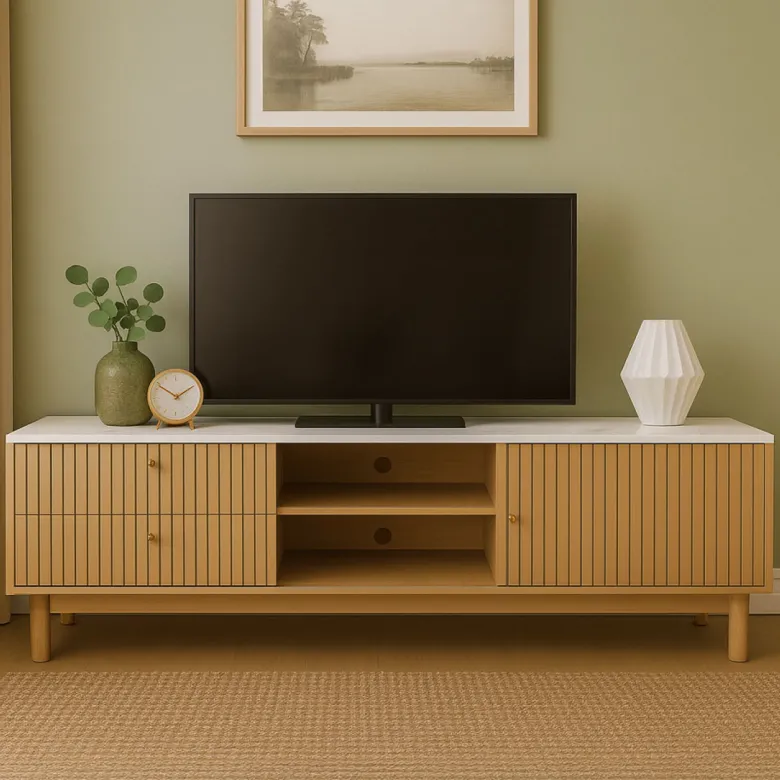 Trix meuble tv aspect bois rainuré et blanc avec tiroirs et placard 150cm