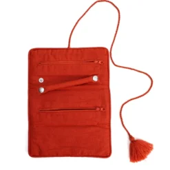 Trousse à bijoux de voyage artisanale roulée et brodée en tissu Bleu