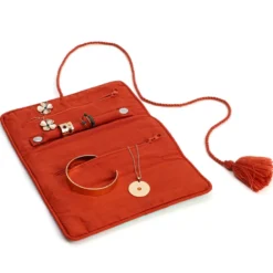 Trousse à bijoux de voyage artisanale roulée et brodée en tissu Bleu