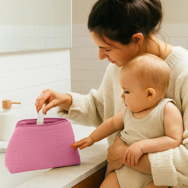 Trousse de toilette en coton bio rose