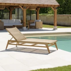 Valeria - bain de soleil en bois de teck naturel et rotin beige
