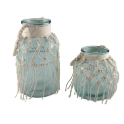 Vase en verre vert d'eau macramé h.26cm