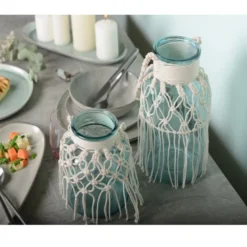 Vase en verre vert d'eau macramé h.26cm