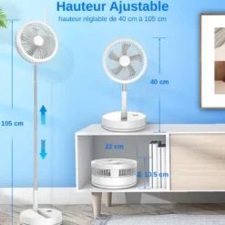Ventilateur pliable sans fil, pied télescopique 40-105 cm, blanc
