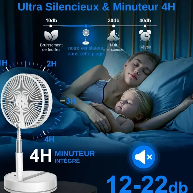 Ventilateur pliable sans fil, pied télescopique 40-105 cm, blanc