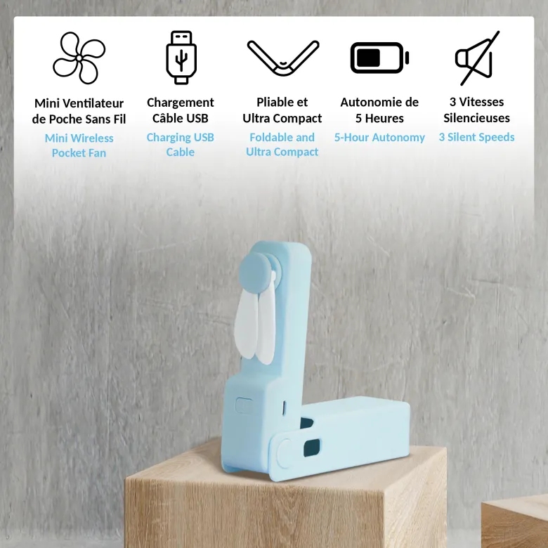 Ventilateur sans fil pliable pocket 3 vitesses rechargeable pales souples