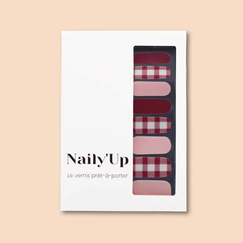 Vernis autocollant gingham love - manucure facile longue tenue Vichy bordeaux