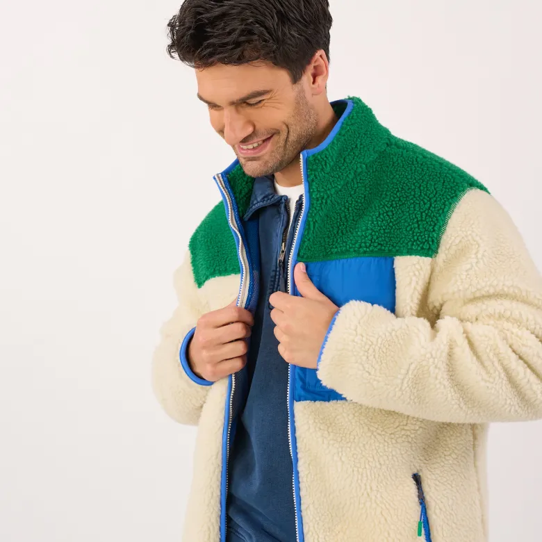 Veste sherpa zippée manches longues ivoire et vert XS