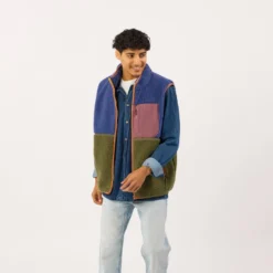 Veste sherpa zippée sans manches bleu et kaki XS
