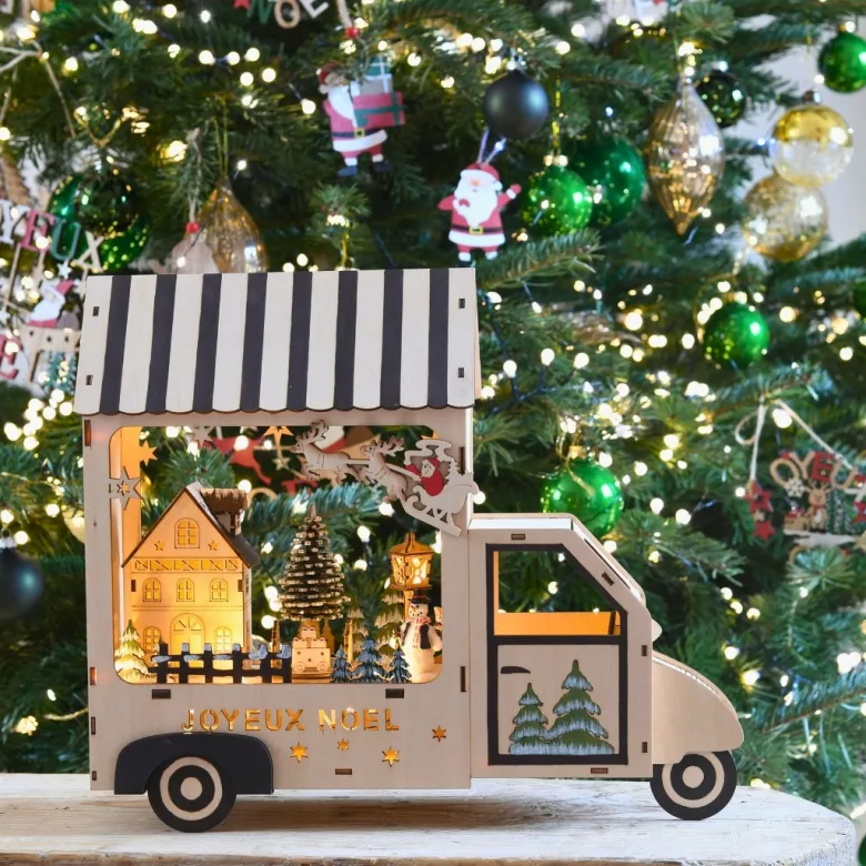 Village en bois led blanc chaud avec camion, déco artisanale à poser
