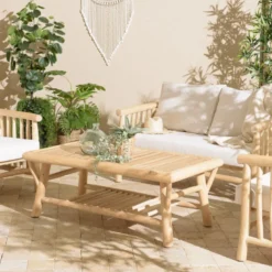 Will - table basse rect. En branches de bois de teck double plateau