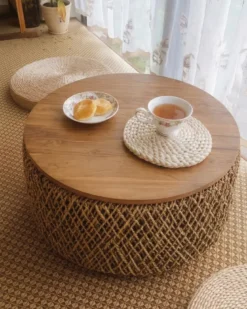 Yuda - grand table basse en bois de teck massif et tissage banane avec rangement