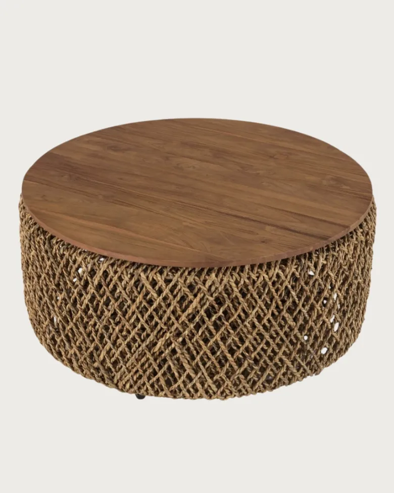 Yuda - grand table basse en bois de teck massif et tissage banane avec rangement